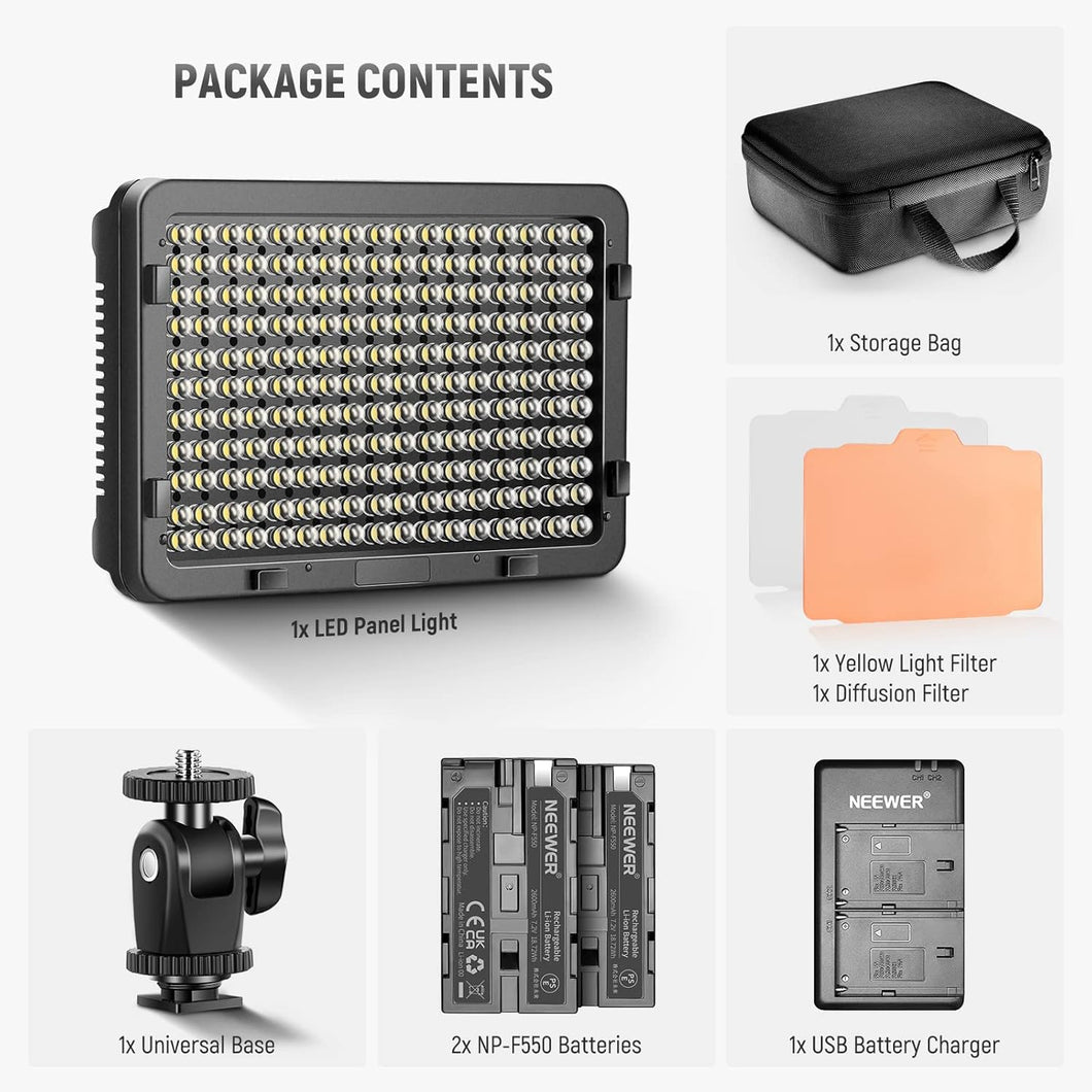 Neewer Dimmable 176 LED Video Light Lighting Kit: 176 LED Panel 3200-5600K, 2 Pieces Rechargeable Li-ion Battery, USB Charger and Portable Durable Case Compatible with Nikon, Sony DSLR Cameras