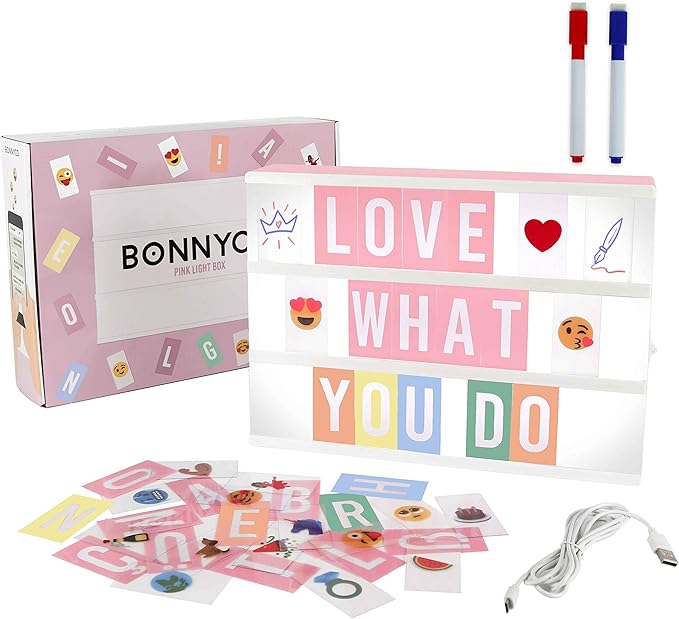 A4 Cinema Light Box with 400 Letters, Symbols & Emojis & 2 Markers, USB Included PINK