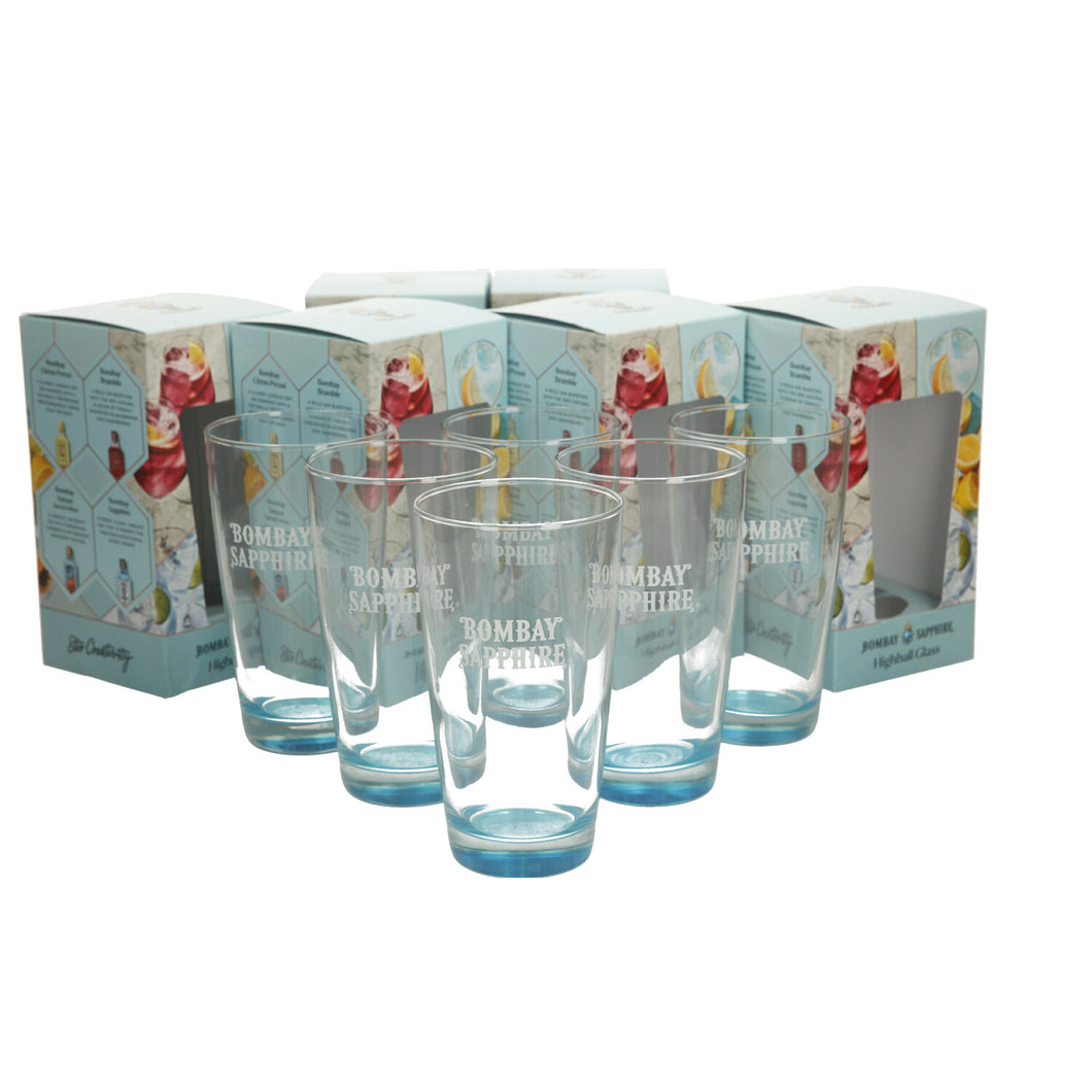 6 x Bombay Sapphire Gin Highball Tall Glasses Tumblers. NEW. BAR. PARTY